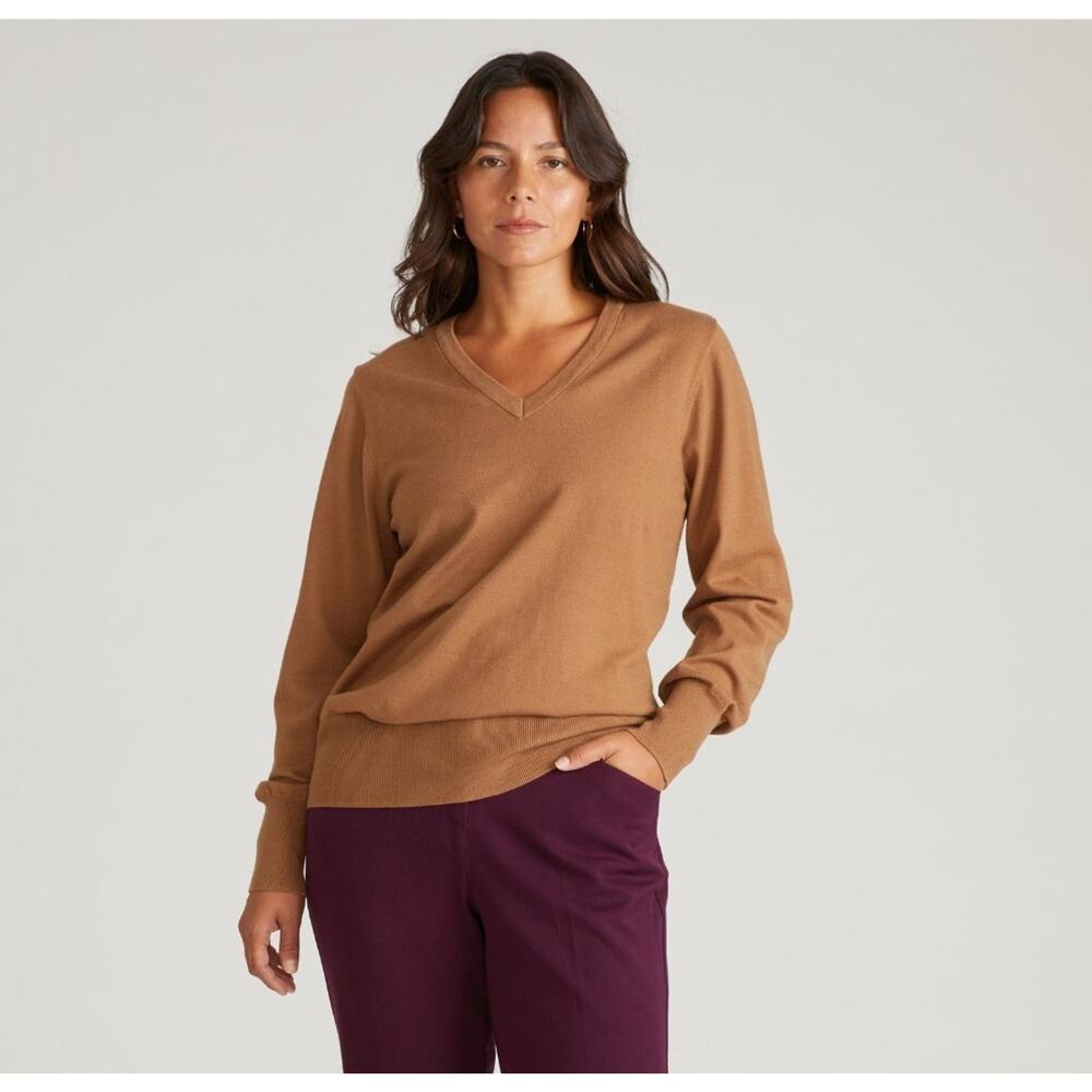 Universal Standard Sweater Womens 4XS XS Camel Brown V Neck Savvy Fine Knit